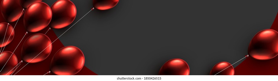 Rote Ballons mit Fäden auf schwarzem Hintergrund. Platz für Text. Vektorfestivals.