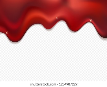 Red foil drip isolated on transparent background. Red paint drips. Flowing nail polish. Blood splashes. Realistic 3d vector liquid texture.