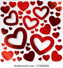 Red foil hearts with confetti, sparkles, dust and lettering love and happy on white background. Vector illustration for Happy Valentines Day. Holiday design.