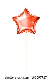 Red foil helium balloon star. Realistic inflated balloon isolated on white backdrop. Holiday gift. Festive decor element for any holiday. Entertainment industry subject. 3d vector object illustration