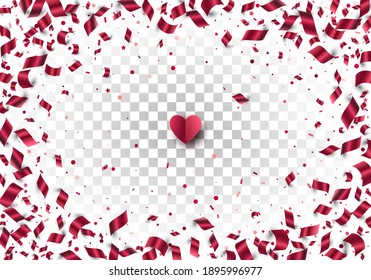Red foil paper confetti isolated on transparent background. Festive vector border. Layered