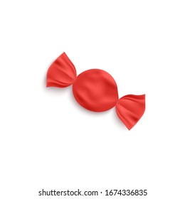 Red foil round caramel candy or bonbon mockup, 3d realistic vector illustration isolated on white background. Blank sweets packaging template for brand identity design.