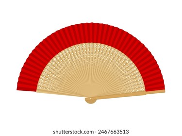 Ventilador asiático plegable rojo con borla de Ilustración vectorial realista. Accesorio de la señora china de los viejos tiempos objeto 3d sobre fondo blanco