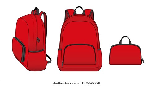 Mochila plegable roja con bolsillo y bolsillos laterales de cierre delantero, paquete de almacenamiento plegable exterior, plantilla de esbozo de ilustración vectorial