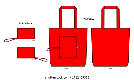 Red foldable tote bag with zipper template on white background.
Front and back view, vector file