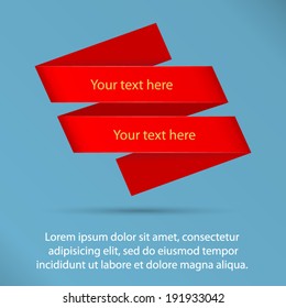 A red folded ribbon for template, text, promotion, greeting, etc.