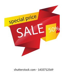 Red folded ribbon with yellow elements. Sale banner template design. Big sale special offer. Special offer banner for poster, flyer, brochure, sticker. Red ribbon vector illustration.