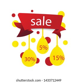 Red folded ribbon with yellow round elements. 5%, 15%, 30% elements sale banner template design. Big sale special offer. Special offer banner for poster, flyer, brochure, sticker. Vector illustration.