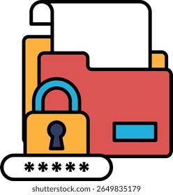 A red folder with a lock on it. The folder is labeled "password" and is surrounded by a keypad