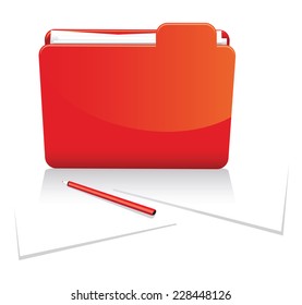 red folder with paper and pen