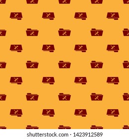 Red Folder with screwdriver and wrench icon isolated seamless pattern on brown background. Adjusting, service, setting, maintenance, repair, fixing.  Vector Illustration