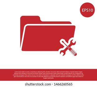 Red Folder with screwdriver and wrench icon isolated on white background. Adjusting, service, setting, maintenance, repair, fixing.  Vector Illustration