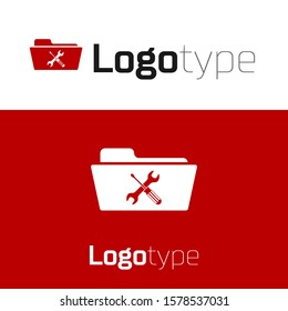 Red Folder with screwdriver and wrench icon isolated on white background. Adjusting, service, setting, maintenance, repair, fixing. Logo design template element. Vector Illustration