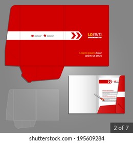 Red folder template design for company with white arrow. Element of stationery.