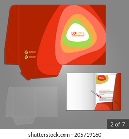 Red folder template design for company with color circles. Element of stationery.
