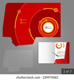 Red folder template design for company with digital circles. Element of stationery.