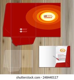 Red folder template design for corporate identity with yellow round elements. Stationery set