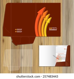 Red folder template design for corporate identity with orange arrows. Stationery set
