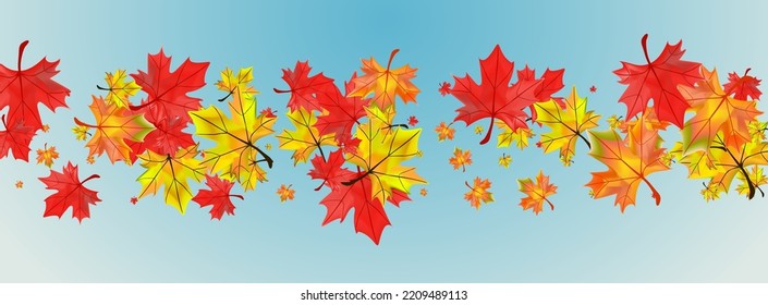 Red Foliage Background Blue Vector. Leaves Season Texture. Ocher Realistic Leaf. Celebrate Floral Card.