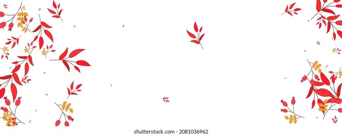 Red Foliage Background White Vector. Herb Plant Template. Pink Berries Season. September Frame. Leaf Silhouette.