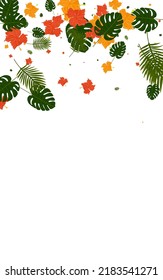 Red Foliage Background White Vector. Tree Nature Illustration. Orange Leaf. Painting Texture. Light Green Hawaiian Frame.