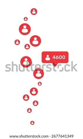 Red follower notification icons with number counter. Social media user symbol, community growth, network audience increase illustration for digital marketing and design