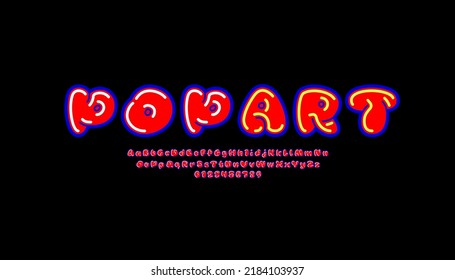 Red font, comic alphabet in the cartoon style, uppercase and lowercase letters and numbers, vector illustration 10EPS