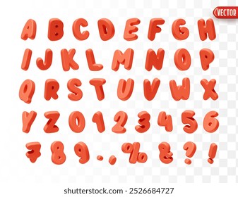 Red Font realistic 3d design. Complete alphabet and numbers from 0 to 9. Collection of large letters in cartoon style. Fonts are voluminous with different slants. Vector illustration