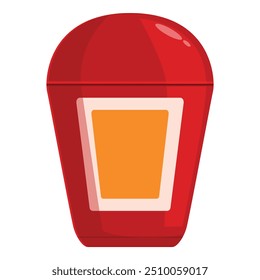 Recipiente de comida vermelha está apresentando um rótulo em branco com um fundo laranja para adicionar marca