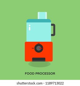 Red food processor, popular kitchen appliance, on light green background with word.
