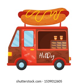 Red food truck with a huge layout of a hot dog on the roof. Vector illustration on a white background.