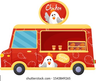 Red food truck selling chicken. Vector illustration on a white background.