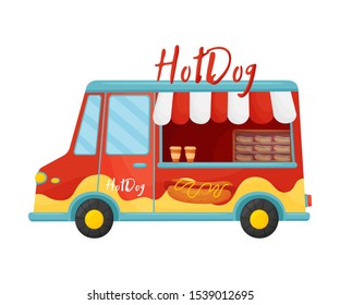Red food truck selling hot dogs. Vector illustration on a white background.