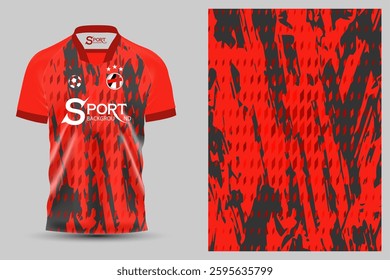 A red football shirt with a black pattern running across the front and back, in an intricate red and black pattern.
