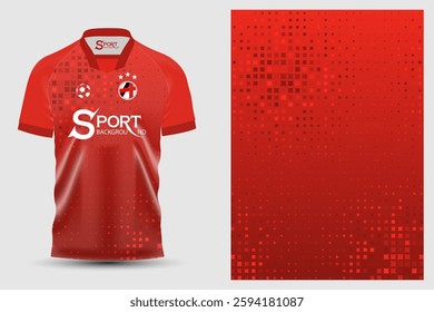 Red football shirt with digital pattern. The shirt has short sleeves and a v-neck with a white “Sport” logo on the front. There is a small team logo and a small football on the chest.