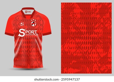 Red football shirt with a pattern consisting of various shapes and lines that create an interesting texture. The overall design looks modern and sporty.