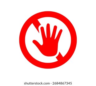 Red forbidden signs don't touch. No entry hand red label or sticker vector design and illustration.



