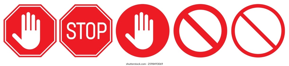 Red forbidden signs set. Don't touch symbol, no entry hand label or sticker. Ban, stop or prohibited sign isolated on white background