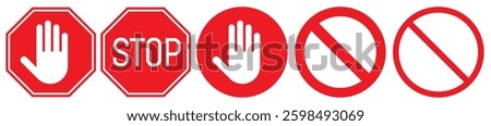 Red forbidden signs set. Don't touch symbol, no entry hand label or sticker. Ban, stop or prohibited sign isolated on white background