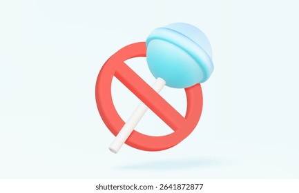 Red forbidden Stop lollipop glassy cute warning food kids sugar sweet flavor not good for health candy treat childhood birthday holiday summer concept. 3d vector illustration. Element cartoon design