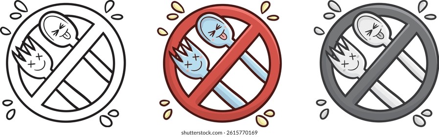 Red forbidden symbol with spoon and fork cartoon character in three colors version