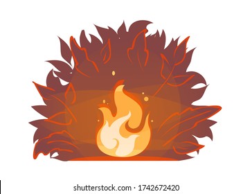 Roter Waldbrand im Nachtbusch-Hintergrund. Illustration des Sommergründes. Campfeuersymbol Brennender Feuervektor. Feuerholz Flammen, brennen Kamin Karikatur Aufkleber. Helle Flamme mit Funken.