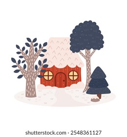 Rotes Waldhaus, Hütte, Hütte mit Winterbäumen. Winterwald-Weihnachtsvektorkomposition auf transparentem Hintergrund für Karten, Scrapbooking, Animation.