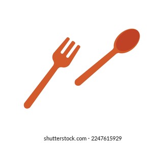 Horquilla roja y cuchara. Utensil de plástico para picnic. Pegatina para redes sociales y mensajeros. Inventario de alimentos para la cocina. Concepto de alimentación infantil. Dibujo vectorial plano de dibujos animados