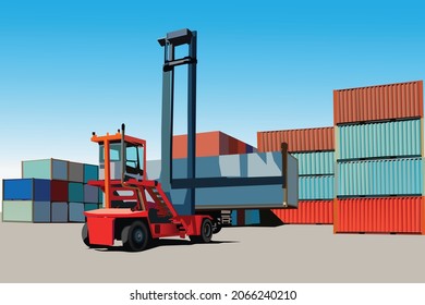 Red forklift activity in container ports with blue sky background and colorful of container. Export and import shipping industrial