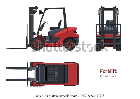 Red forklift drawing. Isolated cargo loader. Side, front and top view of industrial machine. 3D model of warehouse transport. Logistic vehicle. Vector illustration