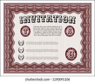 Red Formal invitation template. Artistry design. With great quality guilloche pattern. Customizable, Easy to edit and change colors. 