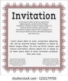 Red Formal invitation template. With complex linear background. Retro design. Detailed. 