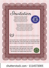 Red Formal invitation template. Detailed. With guilloche pattern. Good design. 