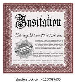 Red Formal invitation template. With linear background. Detailed. Cordial design. 
